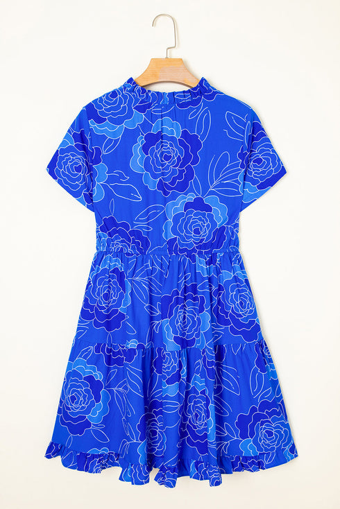 Garden Party Floral Outline Ruffle Hem Tiered Mini Dress
